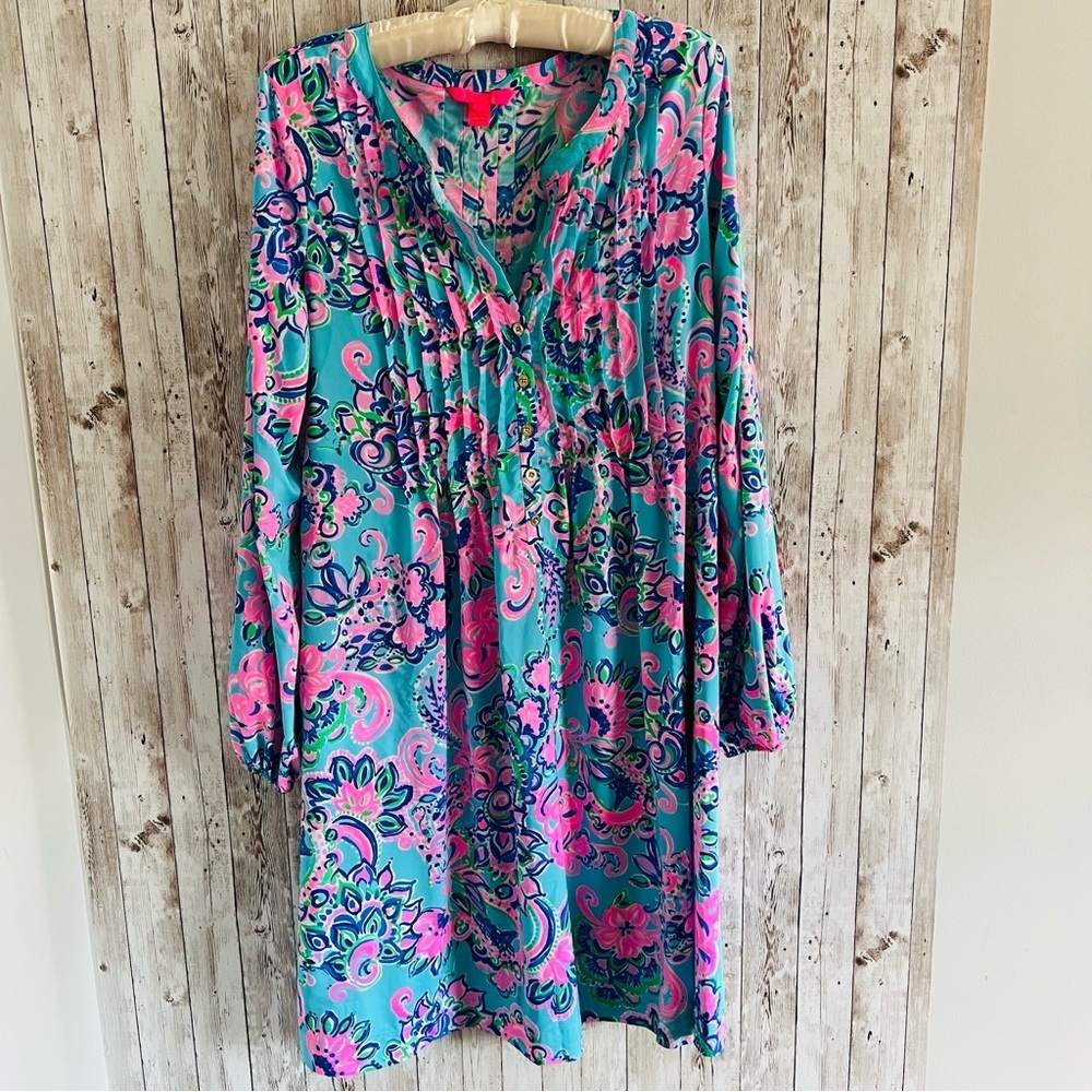 Lilly Pulitzer Seana Chillylilly UPF50 Blue Horizon Jungle Sunrise Print Dress L